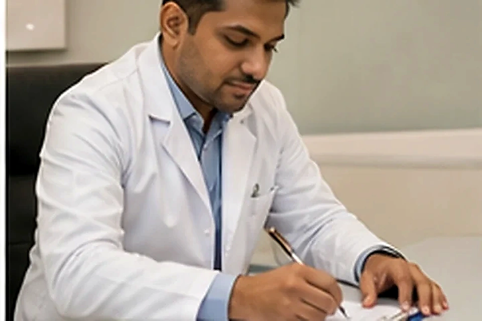 Doctor completing patient notes related to Oto Endoscopy (Ear Endoscopy) at Nadhira Cosmo Clinic, Avadi