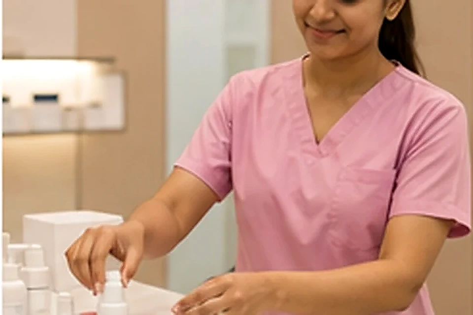 Nurse arranging skincare products related to Paediatric ENT Care at Nadhira Cosmo Clinic, Avadi