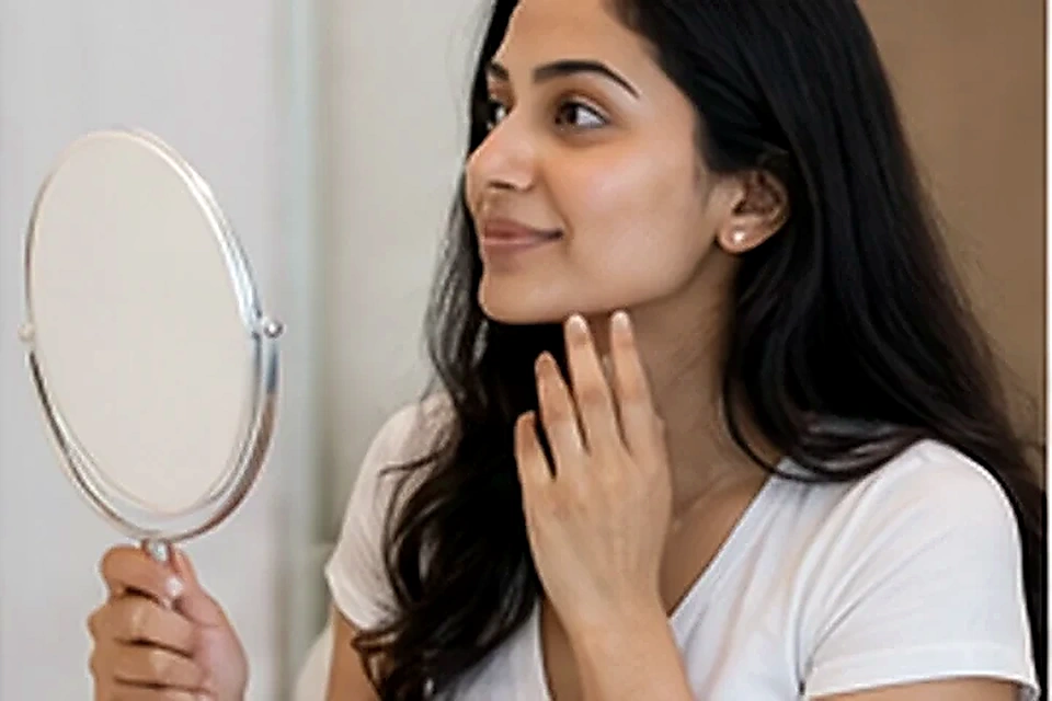 Patient checking skin in mirror related to Paediatric ENT Care at Nadhira Cosmo Clinic, Avadi