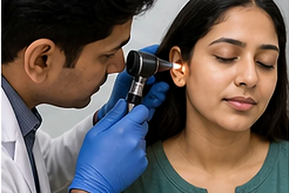 Ear examination with otoscope related to Allergic Clinic at Nadhira Cosmo Clinic, Avadi