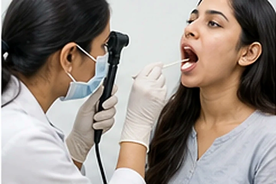 Throat examination related to Ear Lobe Repair at Nadhira Cosmo Clinic, Avadi