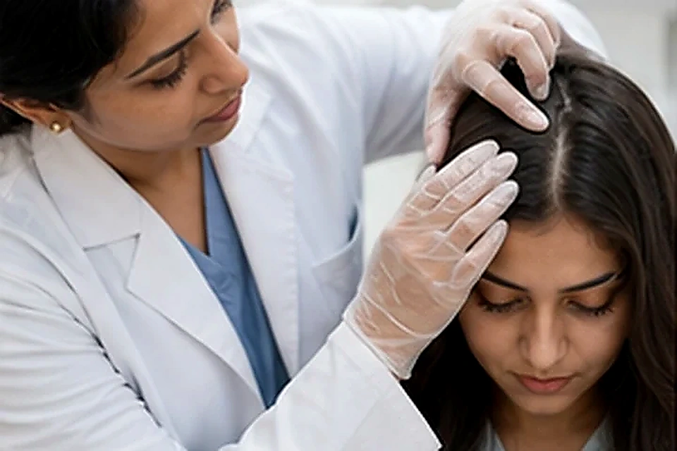 Clinician examining scalp related to Feel Confident in Your Skin at Nadhira Cosmo Clinic, Avadi