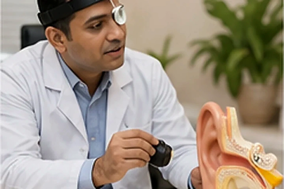 Ent specialist with ear model related to Feel Confident in Your Skin at Nadhira Cosmo Clinic, Avadi