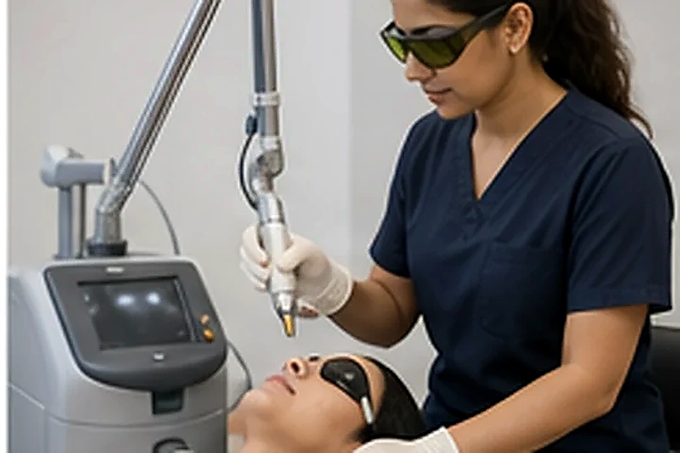 Laser specialist beside equipment related to Feel Confident in Your Skin at Nadhira Cosmo Clinic, Avadi